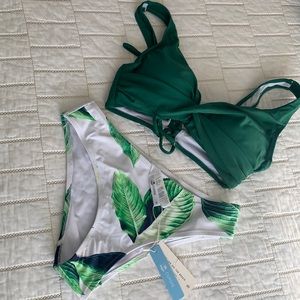 Two piece swimsuit with leaf pattern bottoms